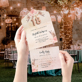 Invitación Todo En Uno 18 años pampas rosa de flores rosadas RSVP