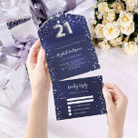 Invitación Todo En Uno 21.ª festividad estrellas de plata azul marino rsv<br><div class="desc">Un fondo azul marino,  decorado con estrellas. El color azul es desigual. Personalice y agregue nombres,  detalles del fiesta,  fecha RSVP,  dirección de devolución y nombre. El número 21 se escribe con un tipo de letra de estilo globo.</div>