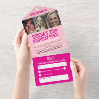 Invitación Todo En Uno 25. Fiesta de cumpleaños tres fotos en tonos rosas