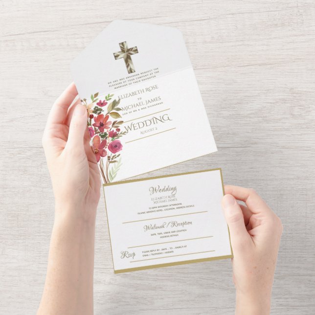 Invitación Todo En Uno 3 in1 Boda católica invita a la RSVP de Oro Floral (desgarro)