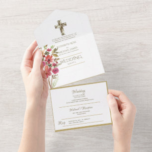 Invitación Todo En Uno 3 in1 Boda católica invita a la RSVP de Oro Floral