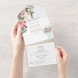 Invitación Todo En Uno 3 in1 Boda católica invita a la RSVP de Oro Floral