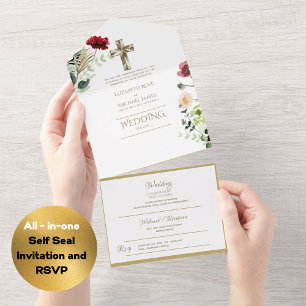 Invitación Todo En Uno 3 in1 Boda católica invita a la RSVP de Oro Floral