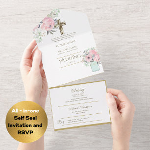Invitación Todo En Uno 3 in1 Boda católica invita a la RSVP de Oro Floral