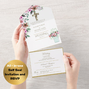 Invitación Todo En Uno 3 in1 Boda católica invita a la RSVP de Oro Floral