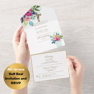 Invitación Todo En Uno 3 in1 Boda católica invita a la RSVP de Oro Floral
