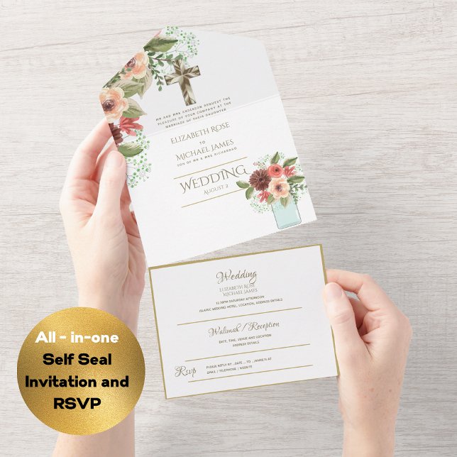 Invitación Todo En Uno 3 in1 Boda católica invita a la RSVP de Oro Floral (Subido por el creador)