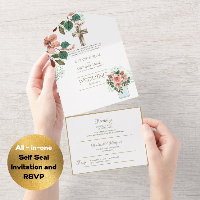 Invitación Todo En Uno 3 in1 Boda católica invita a la RSVP de Oro Floral (Subido por el creador)