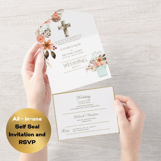 Invitación Todo En Uno 3 in1 Boda católica invita a la RSVP de Oro Floral (Subido por el creador)