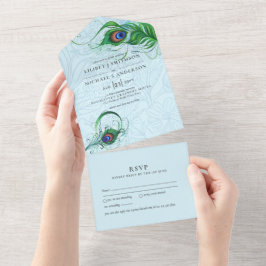 Invitación Todo En Uno 3 in1 Boda de plumas verde azul pavo real RSVP Tod