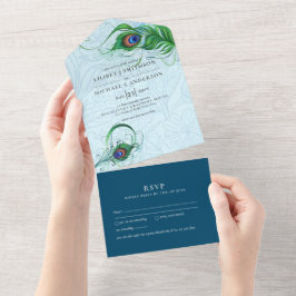 Invitación Todo En Uno 3 in1 Boda de plumas verde azul pavo real RSVP Tod