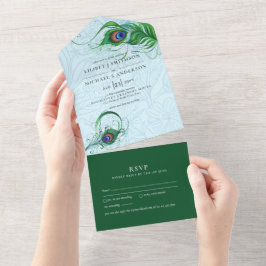 Invitación Todo En Uno 3 in1 Boda de plumas verde azul pavo real RSVP Tod