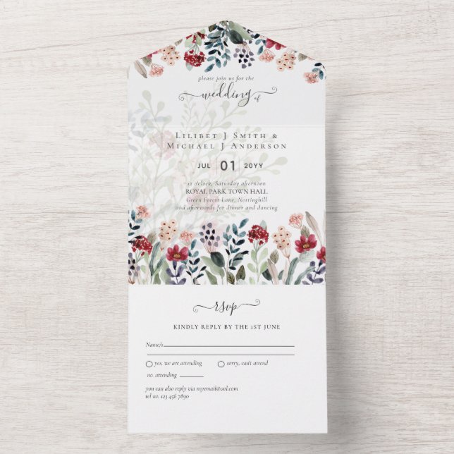 Invitación Todo En Uno 3 in1 Boda Floral de Borgoña Azul agitado (Interior)