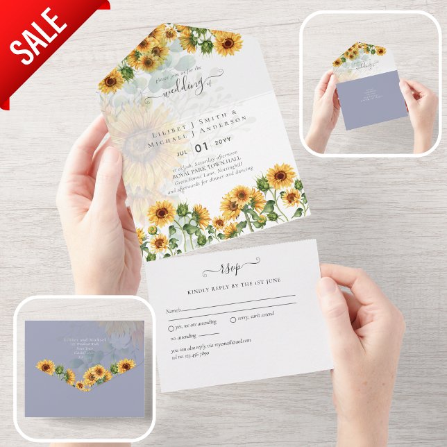 Invitación Todo En Uno 3 in1 Boda Floral Dusty Blue SUNFLOWERS (Subido por el creador)
