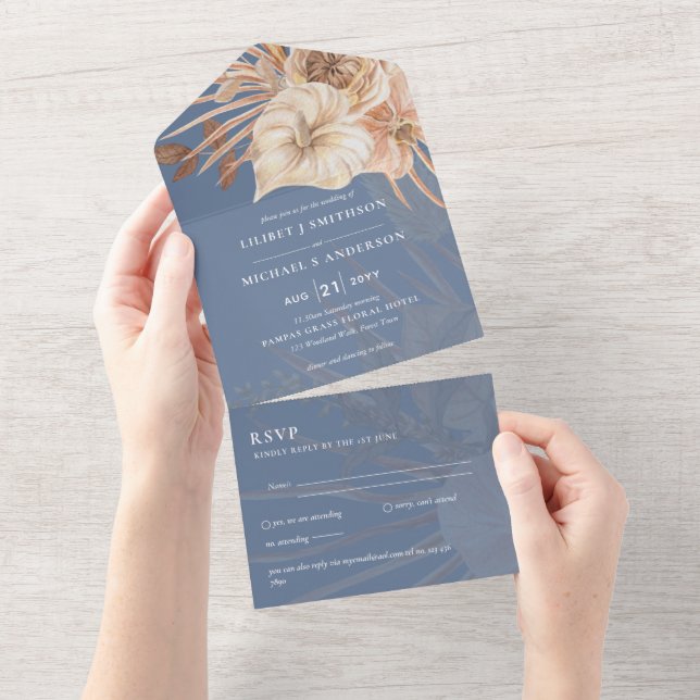 Invitación Todo En Uno 3 in1 BOHO Pampas Boda de hierba Terracota RSVP (desgarro)