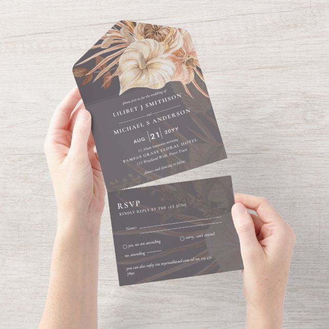 Invitación Todo En Uno 3 in1 BOHO Pampas Boda de hierba Terracota RSVP (desgarro)