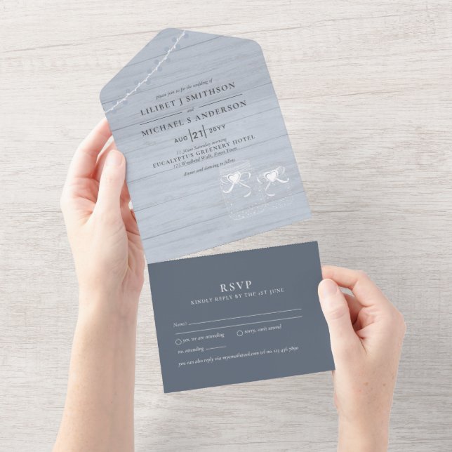 Invitación Todo En Uno 3 in1 Dusty Blue Mason Jars Lights Wedding RSVP Al (desgarro)
