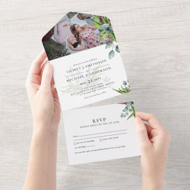 Invitación Todo En Uno 3 in1 Eucalyptus Greenery FOTO Boda Presupuesto RS (desgarro)