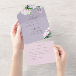 Invitación Todo En Uno 3 in1 Magnolias rosadas Lavender Eucalyptus Boda