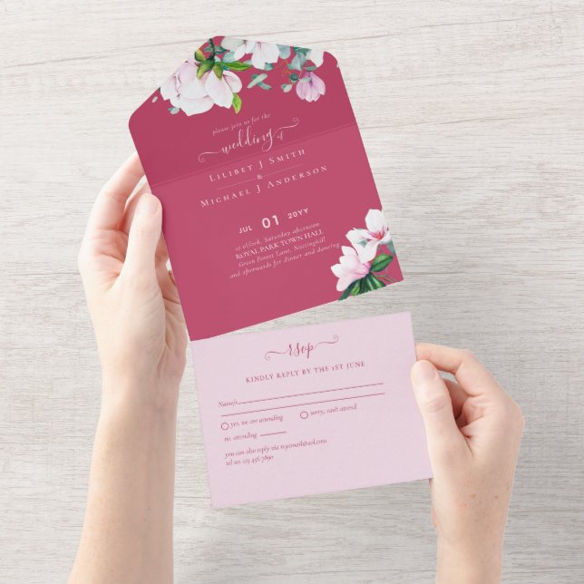 Invitación Todo En Uno 3 in1 Magnolias rosadas Sage Eucalyptus Wedding RS (desgarro)