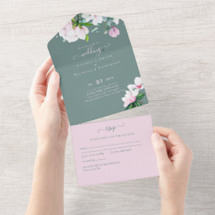 Invitación Todo En Uno 3 in1 Magnolias rosadas Sage Eucalyptus Wedding RS