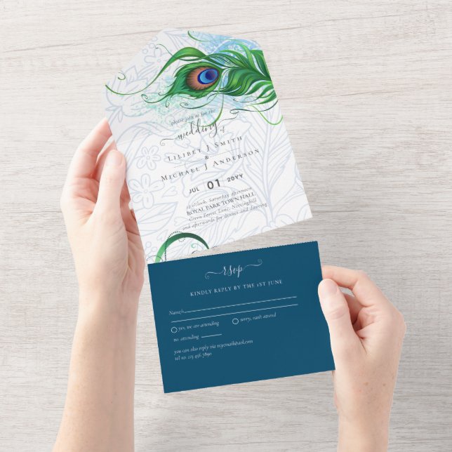 Invitación Todo En Uno 3 in1 Matanza de pavo real Boda verde azul RSVP (desgarro)