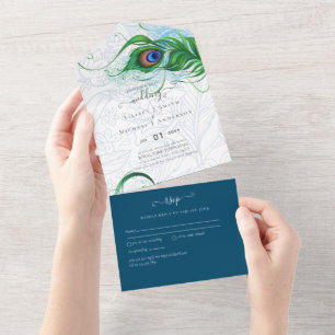 Invitación Todo En Uno 3 in1 Matanza de pavo real Boda verde azul RSVP