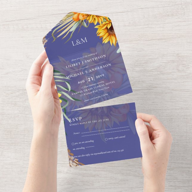 Invitación Todo En Uno 3 in1 Monograma girasoles Pampas Boda de Grass RSV (desgarro)