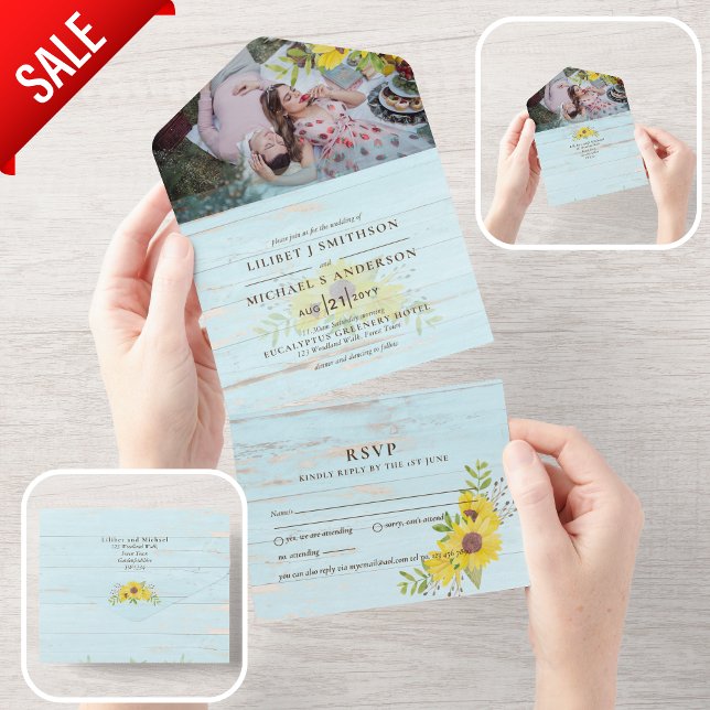 Invitación Todo En Uno 3 in1 Rústicos girasoles de la deriva Aqua Wedding (Subido por el creador)