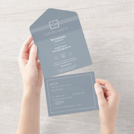 Invitación Todo En Uno 3in1 Azul agitado Monocromo RSVP sólo Boda de text