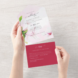 Invitación Todo En Uno 3in1 Boda de Magnolia Rosa Rosa RSVP Todo En Uno