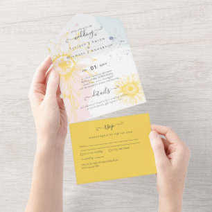 Invitación Todo En Uno 3in1 Moderno Rubor Sunflower Boda azul rosada RSVP