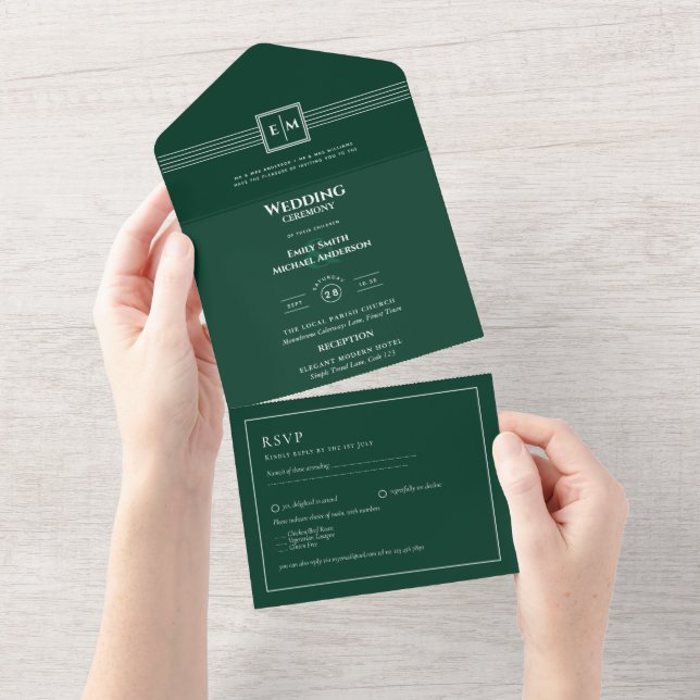 Invitación Todo En Uno 3in1 Monocromo verde esmeralda RSVP Boda de texto (desgarro)