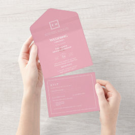 Invitación Todo En Uno 3in1 Rubor Monocromo rosa RSVP Boda de sólo texto