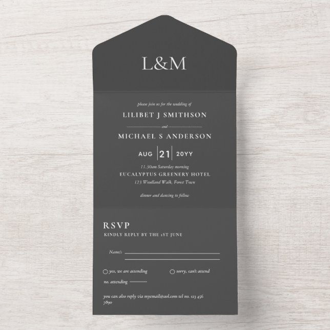 Invitación Todo En Uno 3in1 Slate Gray Text Only Wedding Invitar RSVP (Interior)