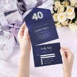 Invitación Todo En Uno 40.ª festividad de plata azul marino rsvp<br><div class="desc">Un fondo azul marino. El color azul es desigual. Personalice y agregue nombres,  detalles del fiesta,  fecha RSVP,  dirección de devolución y nombre. El número 40 está escrito con un tipo de letra en globo en plata falsa.</div>
