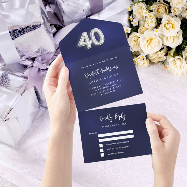 Invitación Todo En Uno 40.ª festividad de plata azul marino rsvp (Subido por el creador)