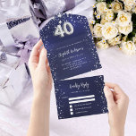 Invitación Todo En Uno 40.º cumpleaños estrellas de plata azul marino rsv<br><div class="desc">Un fondo azul marino,  decorado con estrellas. El color azul es desigual. Personalice y agregue nombres,  detalles del fiesta,  fecha RSVP,  dirección de devolución y nombre. El número 40 se escribe con un tipo de letra de estilo globo.</div>