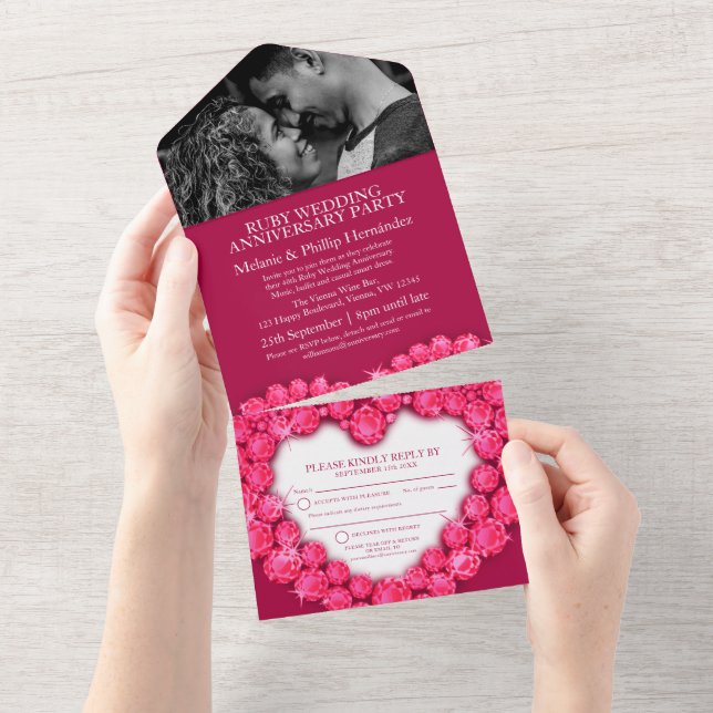 Invitación Todo En Uno 40 aniversario de bodas de rubí foto sin sobre (desgarro)