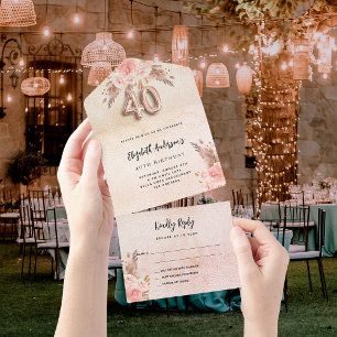 Invitación Todo En Uno 40 años pampas rosa de flores rosadas RSVP
