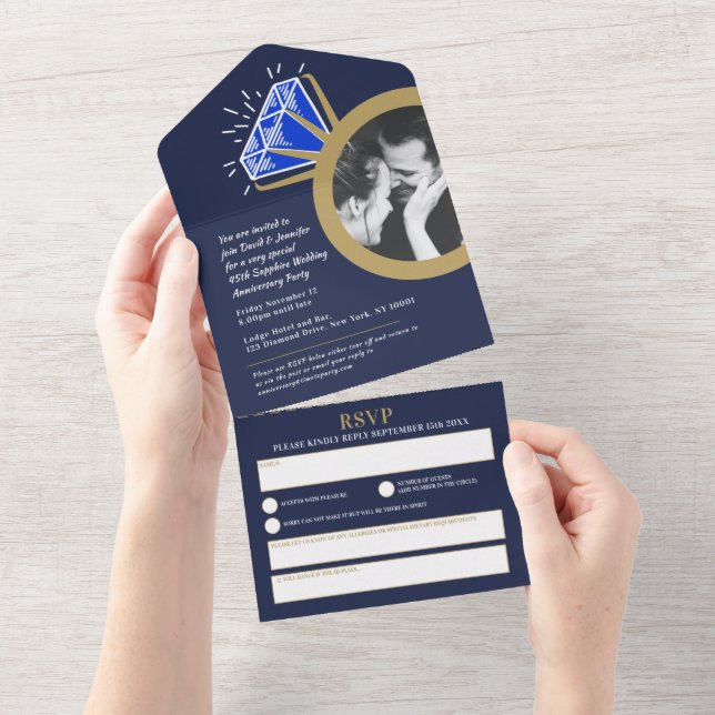 Invitación Todo En Uno 45° aniversario boda fiesta anillo de zafiro azul (desgarro)