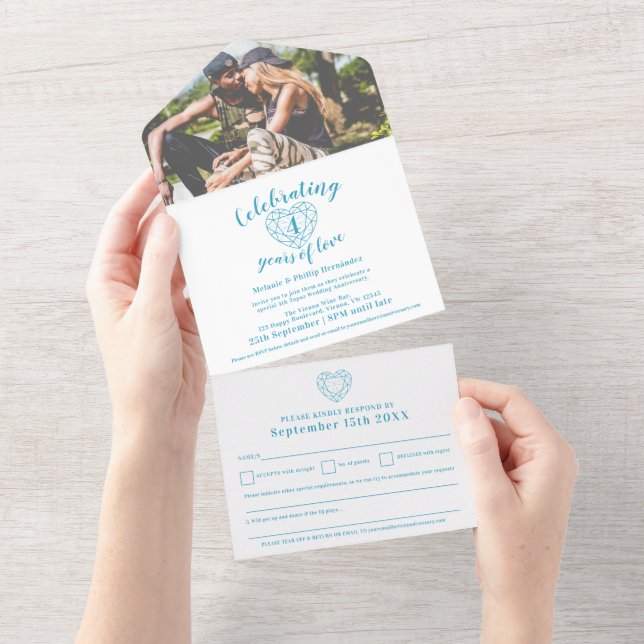 Invitación Todo En Uno 4.º boda azul de topaz aniversario foto RSVP (desgarro)