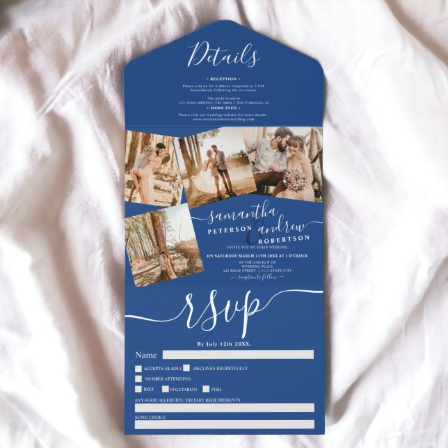 Invitación Todo En Uno 4 Fotos boda de escritura azul blanco moderno (4 Photos blue white modern script wedding All In One Invitation)