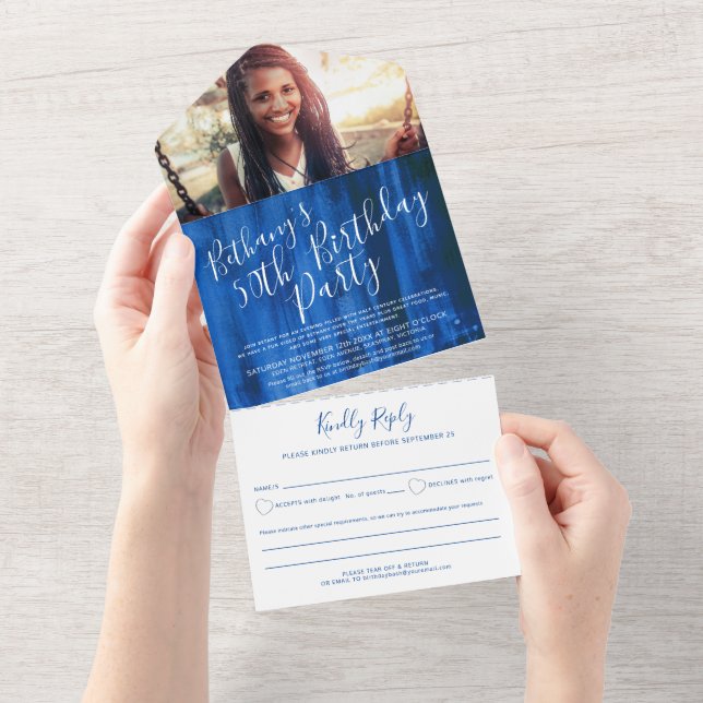 Invitación Todo En Uno 50.ª festividad de cumpleaños zafiro azul (desgarro)