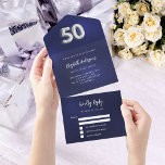 Invitación Todo En Uno 50.ª festividad de plata azul marino rsvp<br><div class="desc">Un fondo azul marino. El color azul es desigual. Personalice y agregue el nombre,  los detalles del fiesta,  la fecha RSVP,  la dirección de devolución y el nombre. El número 50 está escrito con un tipo de letra en globo en plata falsa.</div>