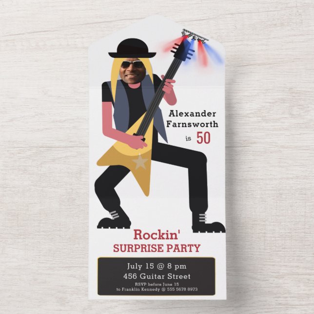 Invitación Todo En Uno 50.ª 🎸 🤣 Rockstar Cumpleaños Guitar Funky Divers (Interior)