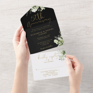Invitación Todo En Uno 50.º Aniversario Boda Floral Negra Y Oro