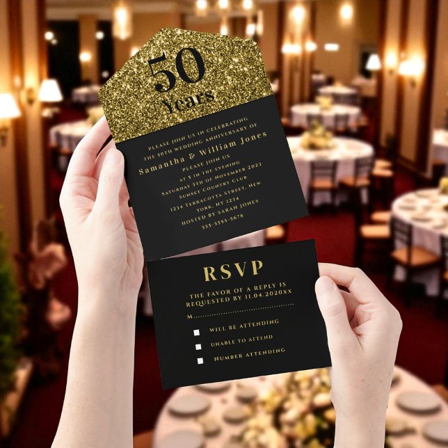 Invitación Todo En Uno 50.º aniversario Boda Oro Negro Moderno (Subido por el creador)