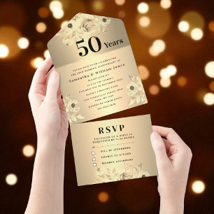 Invitación Todo En Uno 50.º Aniversario del Oro Floral Moderno