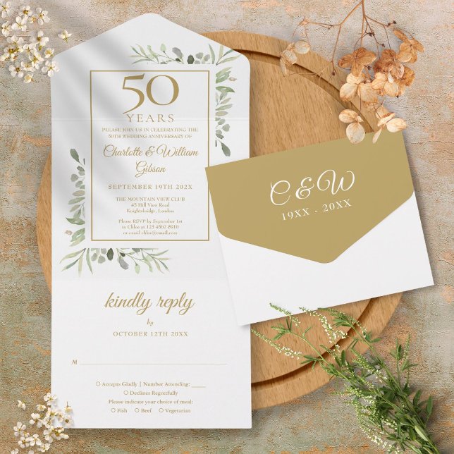 Invitación Todo En Uno 50.º Boda Aniversario de la vegetación Monograma d (50th Wedding Anniversary Greenery Gold Monogram All In One Invitation)